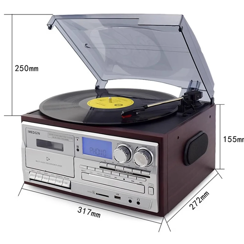 3 Speed Bluetooth-compatible Turntable Vinyl LP Record Player Vintage Gramophone Phono CD&Cassette FM/AM Radio USB REC