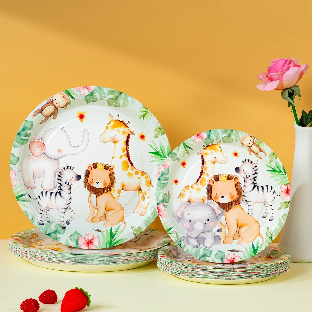 Platos de Papel con Diseño de Animales de la Selva, Platos Desechables para Cena, León, Jirafa, Elefante, Decoración para Fiestas de Cumpleaños con Temática de Animales Salvajes