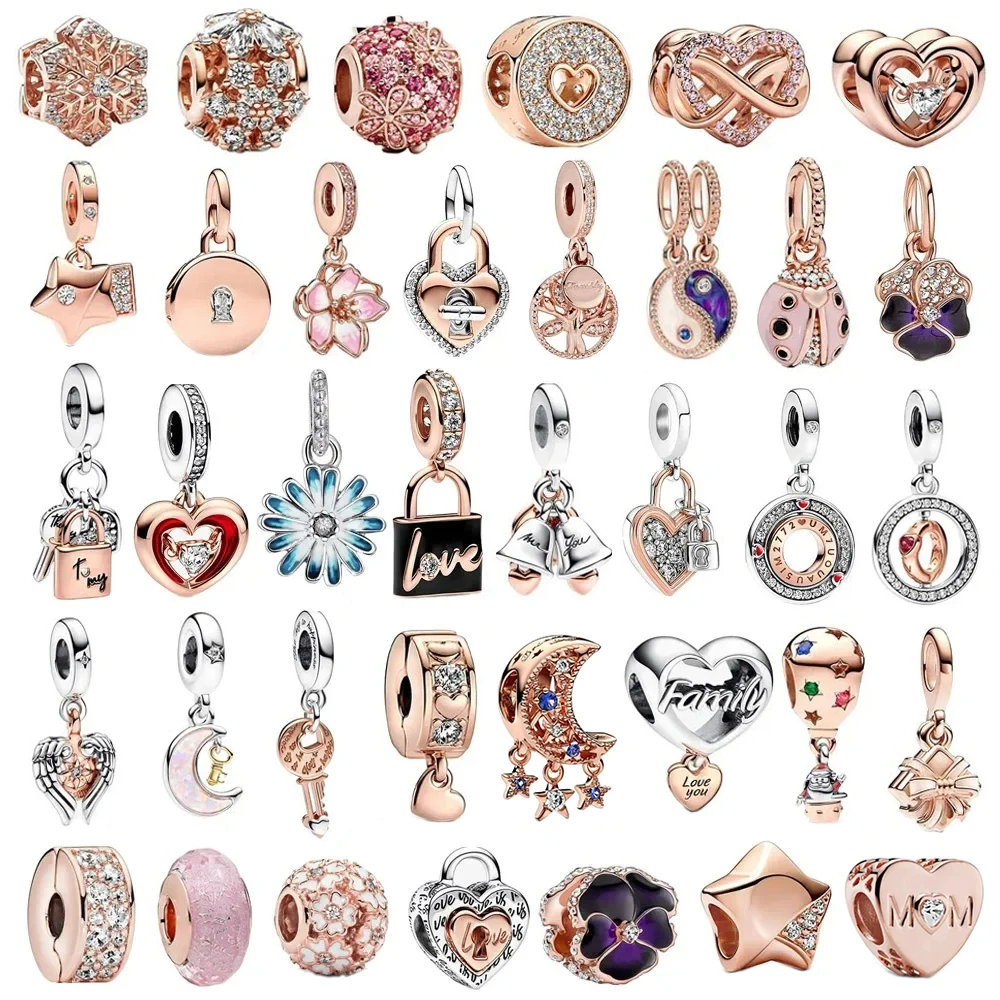 

Classic 925 Sterling Silver Sparkling Rose Gold Ocean Heart Dangle Charm Fit Pandora Moment Bracelets and Necklaces DIY Jewelry