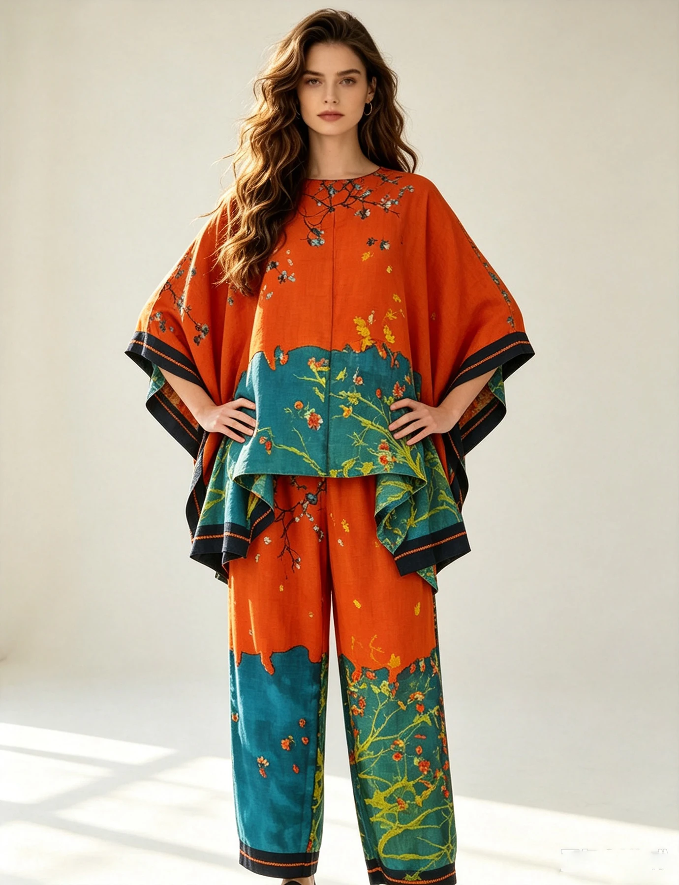 Bohemian Women Two-Pieces Set Fashion Printed Oversize Blouse +Trouser Middle East Loose Casual Vacation Matching Outfits