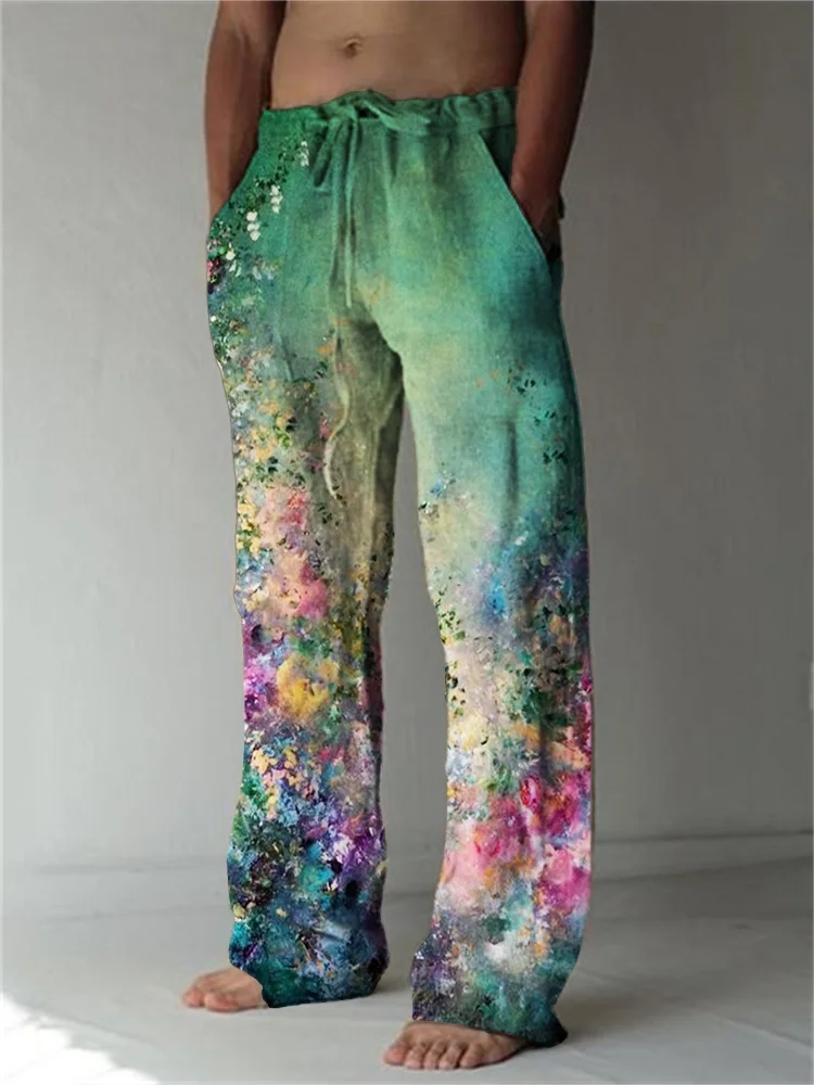 Summer Hawaiian Style Linen Pants Fashion 3D Printed Note Wide Leg Pants Holiday Casual Loose Pants Men's Loose Beach Pants