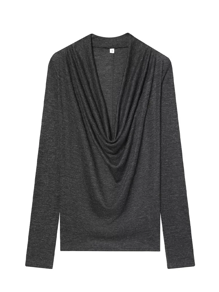 HH جديد امرأة الخريف موضة سوينغ طوق ثنيات تقليم بلون طويل الأكمام ملابس داخلية بلايز أنثى عادية تنوعا تي شيرت #4