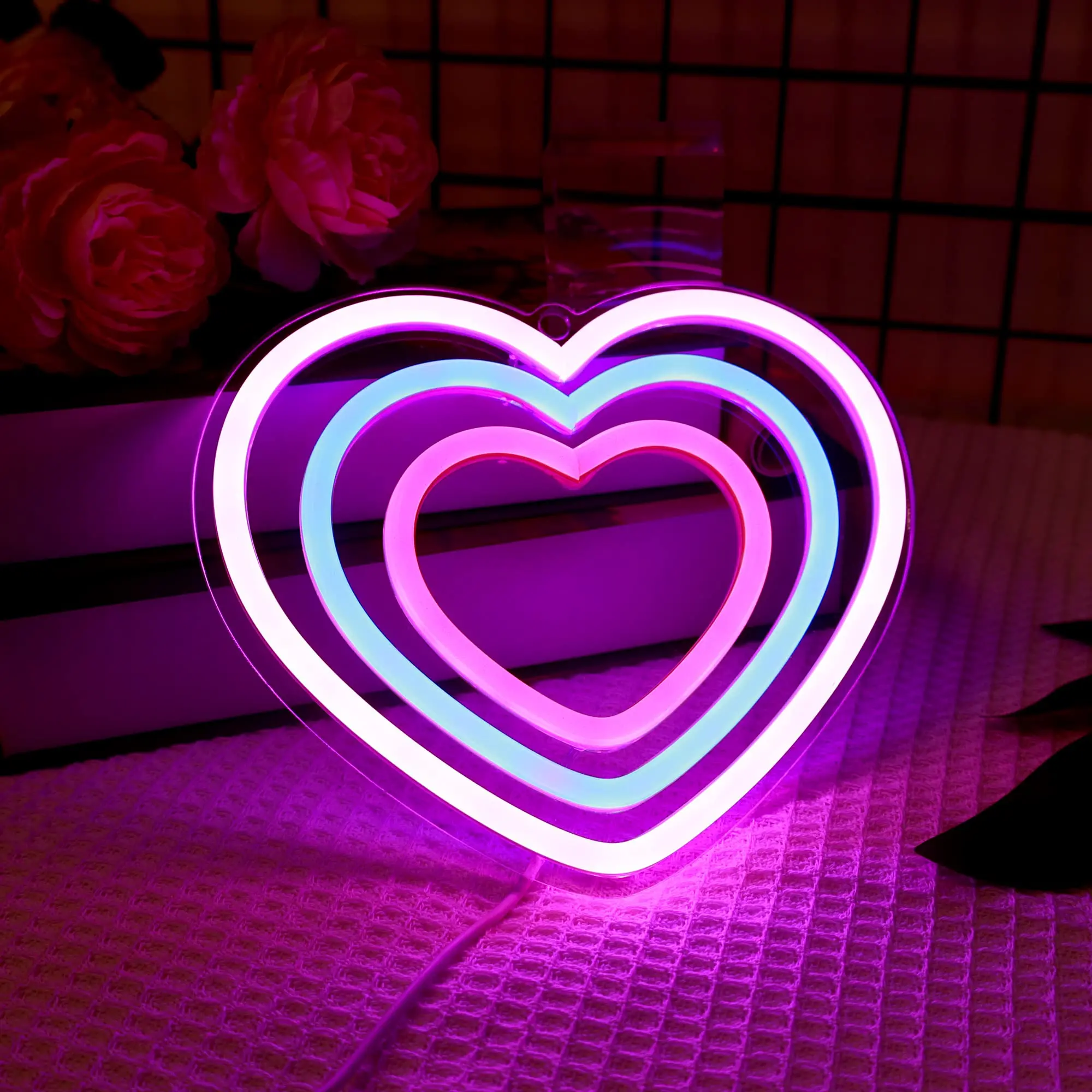 Herzförmiges Neonschild, 3-Farben-LED-Neonlicht, USB-Stromversorgung, geeignet für Wand- und Tischdekoration in E-Sport-Räumen, Partys