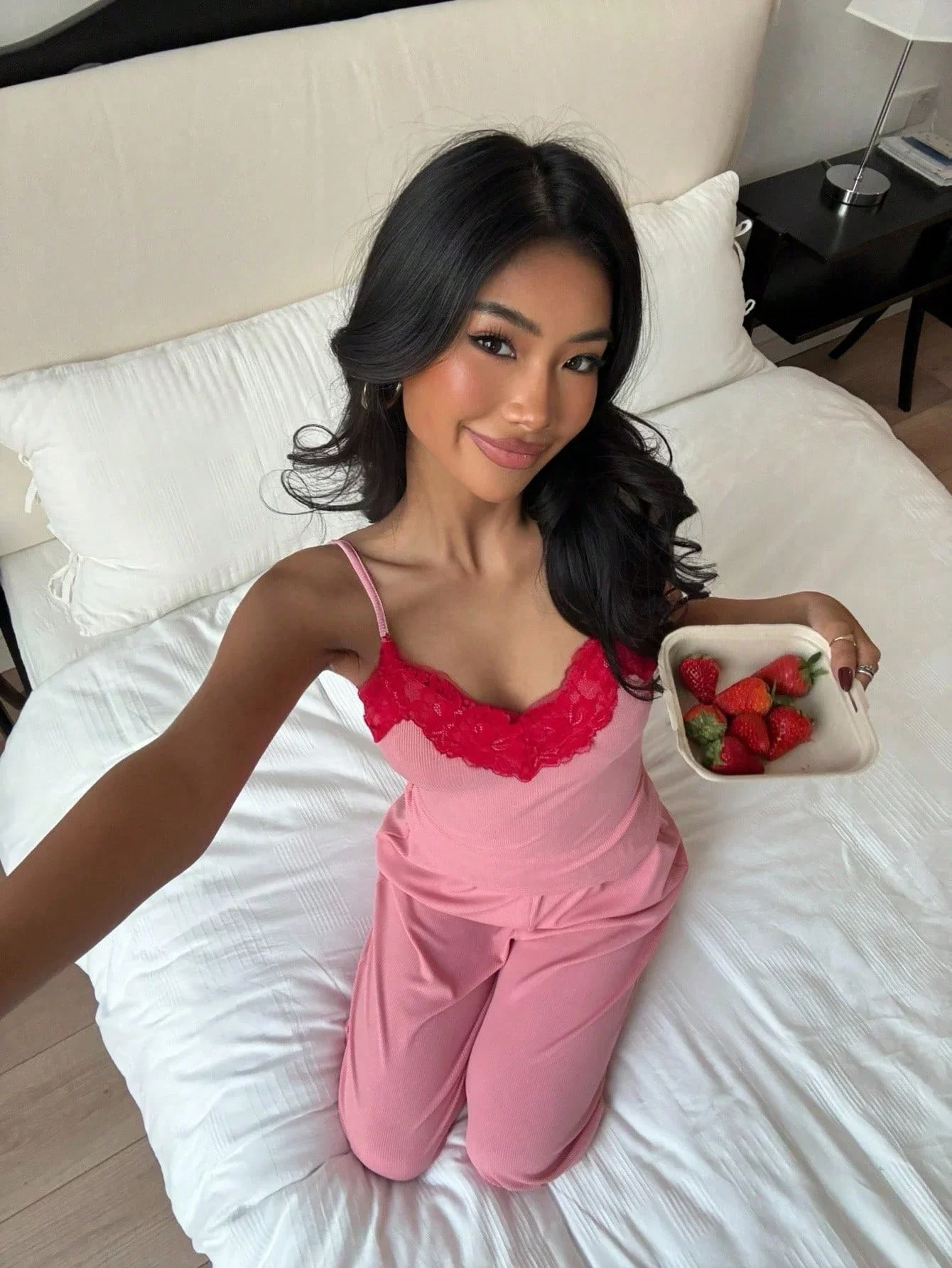 

Pink Lace Patchwork Women Pajama Set Sexy Lingerie Two Piece Sleepwear Lounge Set