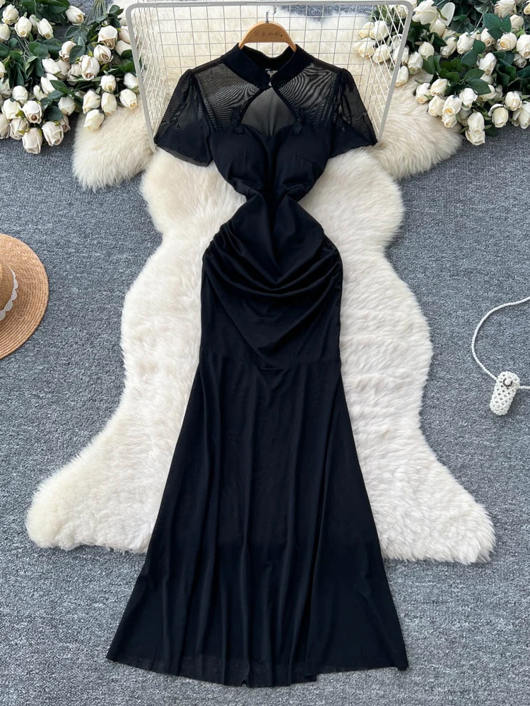 Ele Bla  Dr with Hollow out Design ort Sve High Waist Bodycon Skirt for Women New Chinese Sle