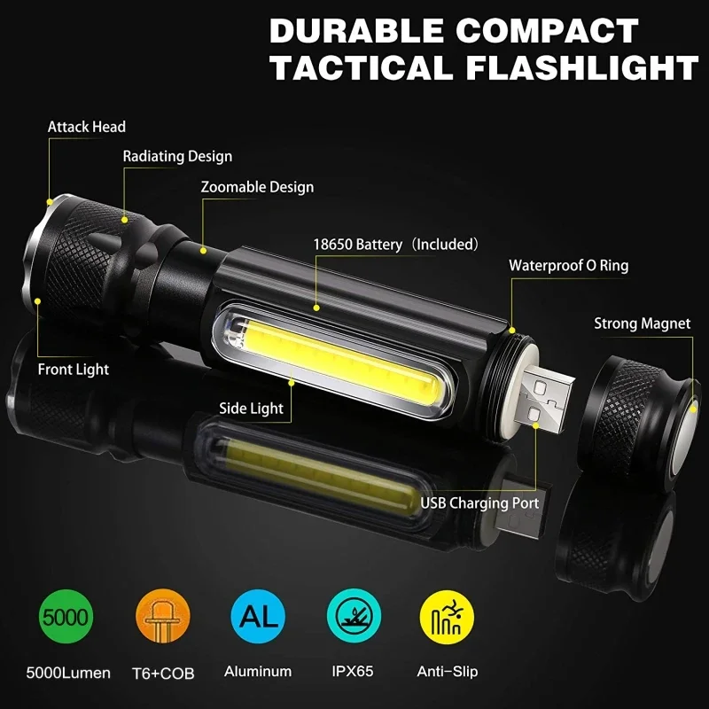 Super Bright LED Flashlight USB Rechargeable Flashlights with COB Side Light Outdoor Emergency Light Torch