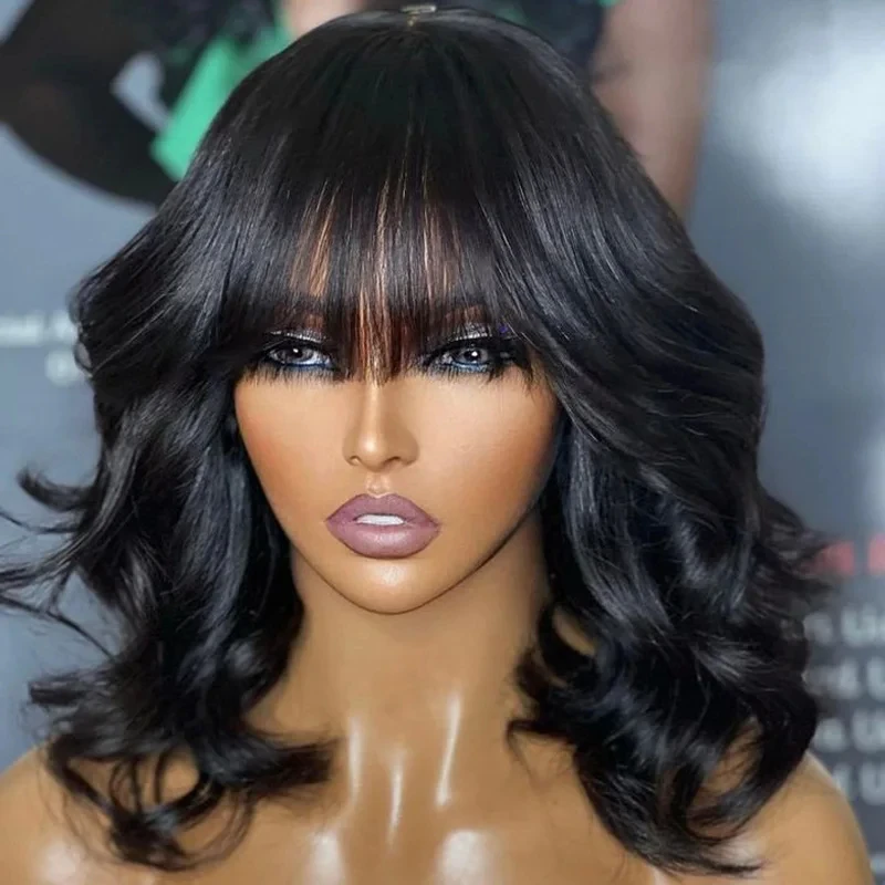 

Парик Vivira из натуральных волос с эффектом Body Wave, с челкой, полностью машинной работы, предварительно проработанный, натуральный черный, короткий боб из человеческих волос