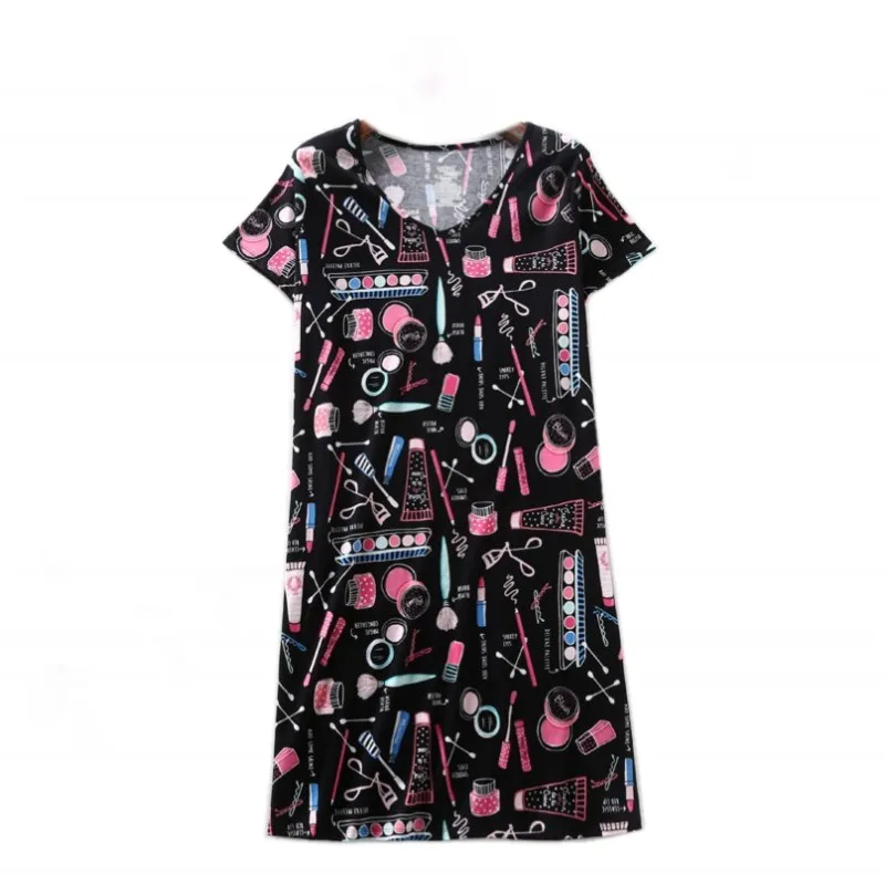 

Летнее женское повседневное платье для сна с героями мультфильмов, женская ночная рубашка из 100% хлопка, женское черное домашнее платье с короткими рукавами, рубашка для сна больших размеров