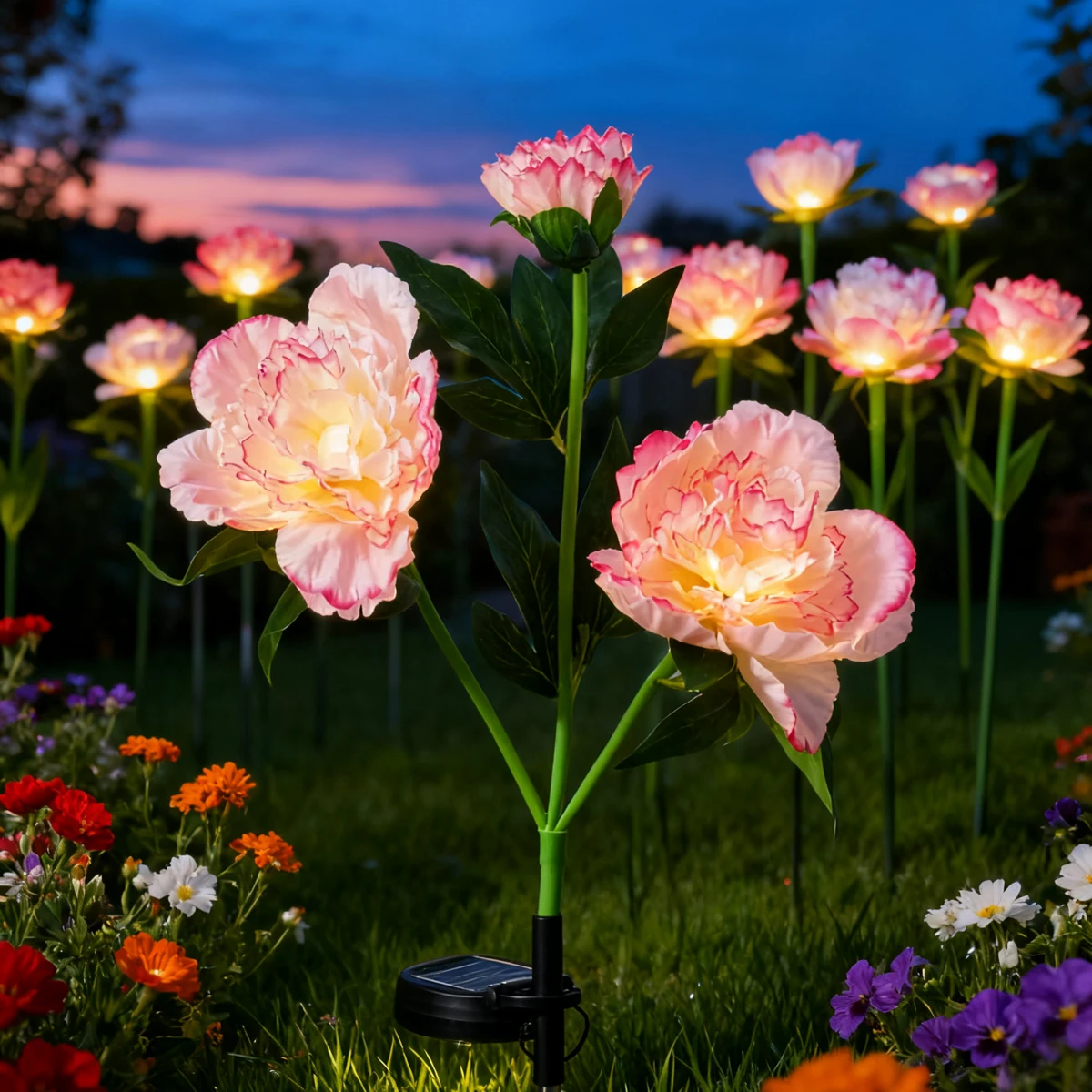 Solar Powered Artificial Peony Flower Stake Light, LED Ground Lamp, Garden Patio Outdoor Landscape Decor Lighting