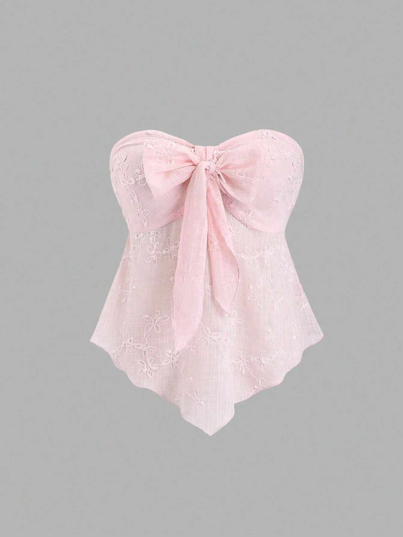 

Розовый кружевной топ без бретелек с бантом спереди, в стиле Y2K, с цветочной вышивкой, женственная летняя блузка