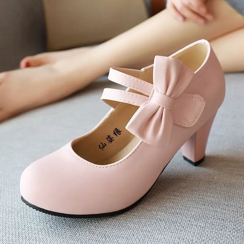 2024 Autumn Fashion Bowknot Women's Shoes Black White Pink Thick Heels Mary Jane Party High Heels Plus Size Ladies Pumps 7.5cm