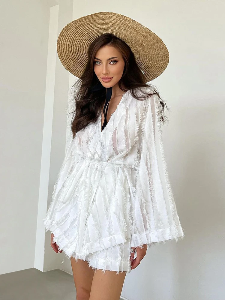 Hiloc White Perspective Pajamas Outfits Women Lace-Up Robes And Shorts Two Pieces Nightgown Shorts 2-Piece Sets Sets Fall Winter