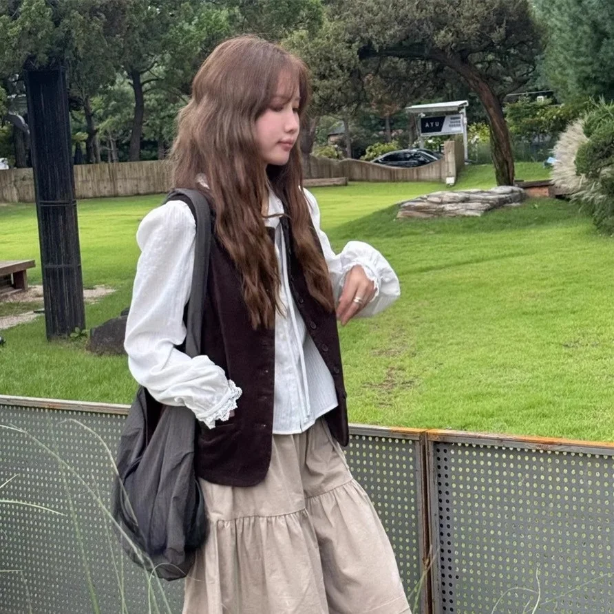 Retro Briti Sle Corduroy Layering Vest Casual Tank Top Women's Faion Commute Single Button round Ne Pure Color 2025 W...