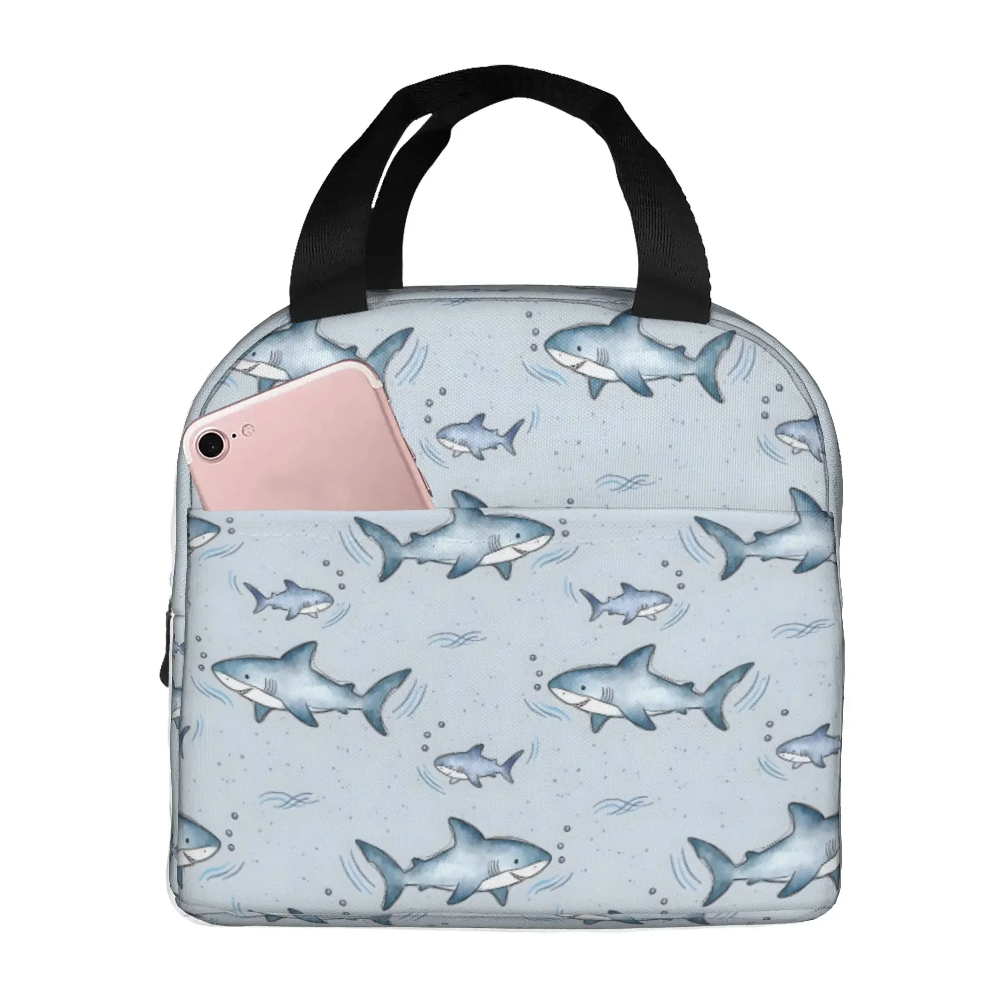 Blue Watercolour Shark Insulated Lunch Tote Bag Monochrome Ocean Animal Resuable Thermal Cooler Bento Box Work School Travel
