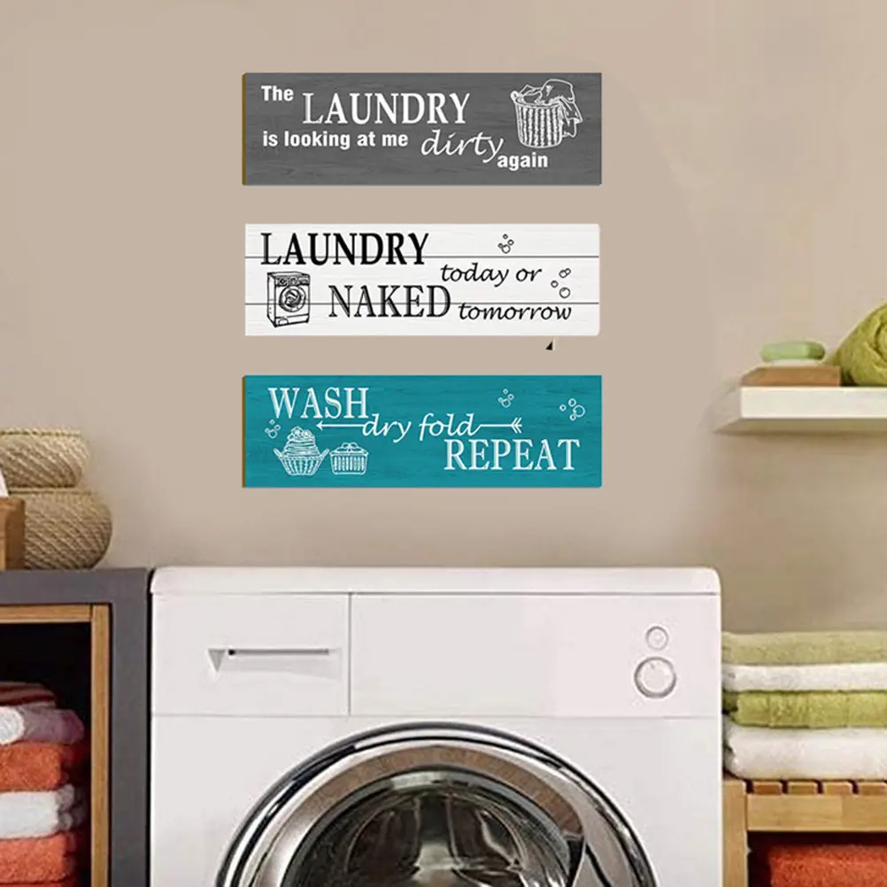 3Pcs Decorative Laundry Room Pendant Wooden Board Wall Hanging Sign with Stylish Retro Design Laundry Wall Decor Home Accessory