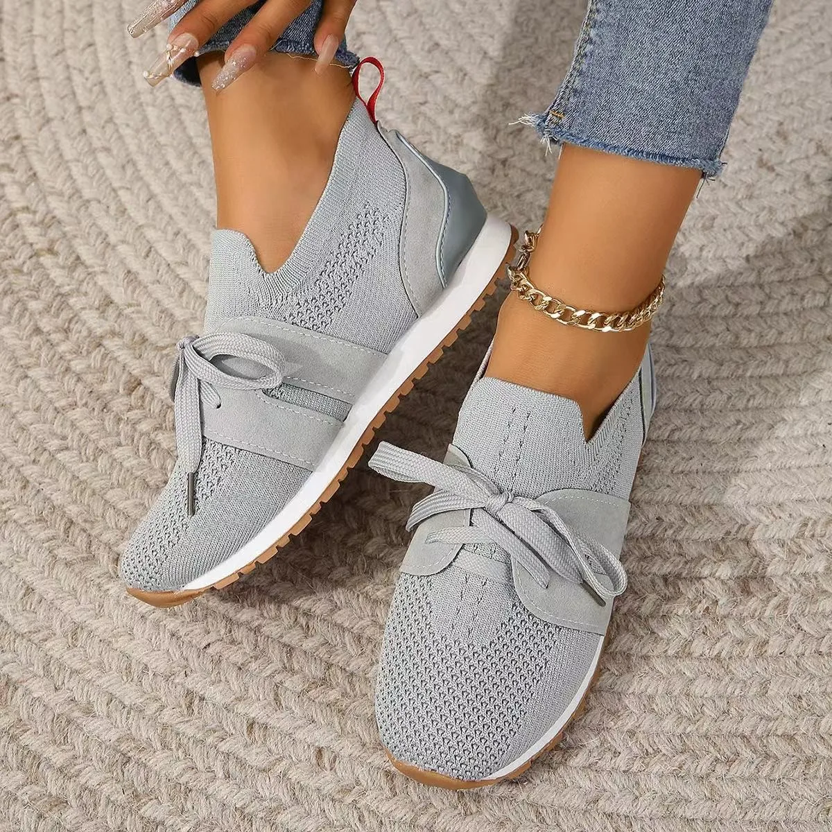 2024  Brown Knit Breathable Sneakers Shoes Women 2024 New Soft Sole Platform Flats Woman Plus Size 43 Non Slip Casual Shoes