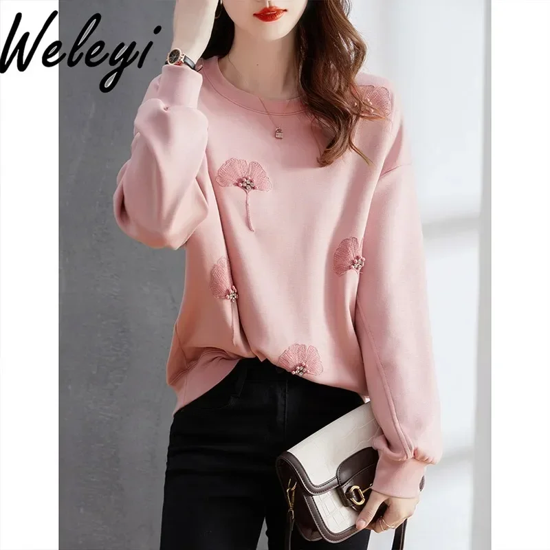 Elegant Pullover Long Sleeve Sweatshirt Autumn and Winter Versatile Loose Casual Three Dimensional Jacquard Beaded Crew Neck Top