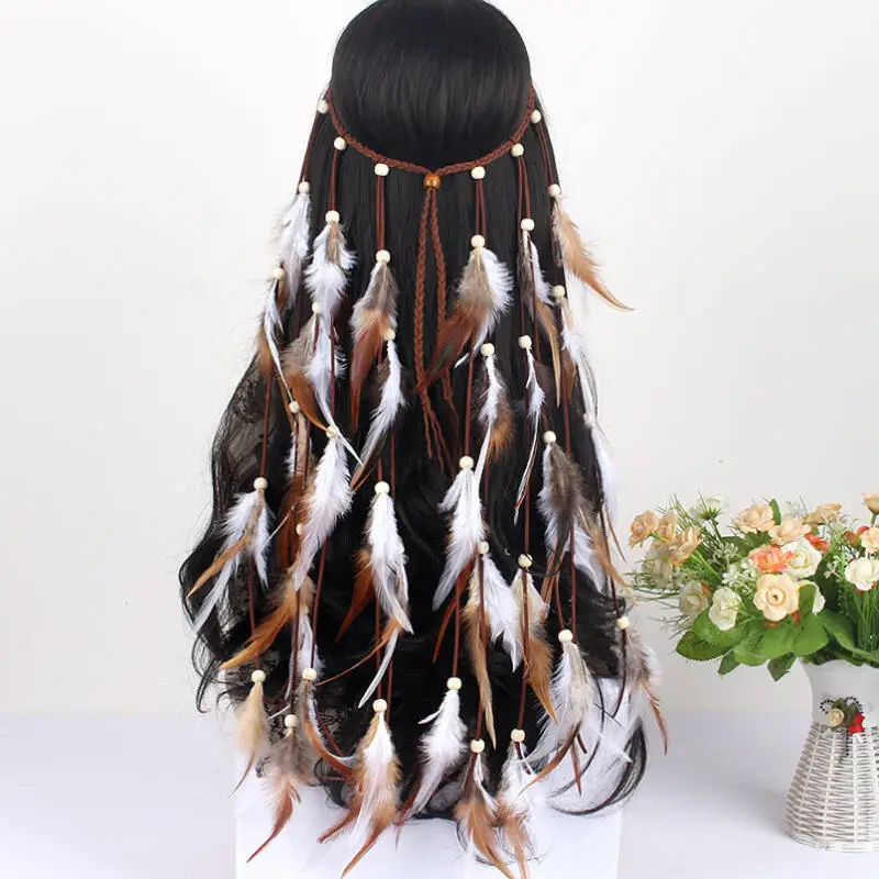 Classic Bohemian Long Feather Headband Vintage Brown Indian Ethnic Beads Hair Hoop For Women Beach Vacation Travel Photography