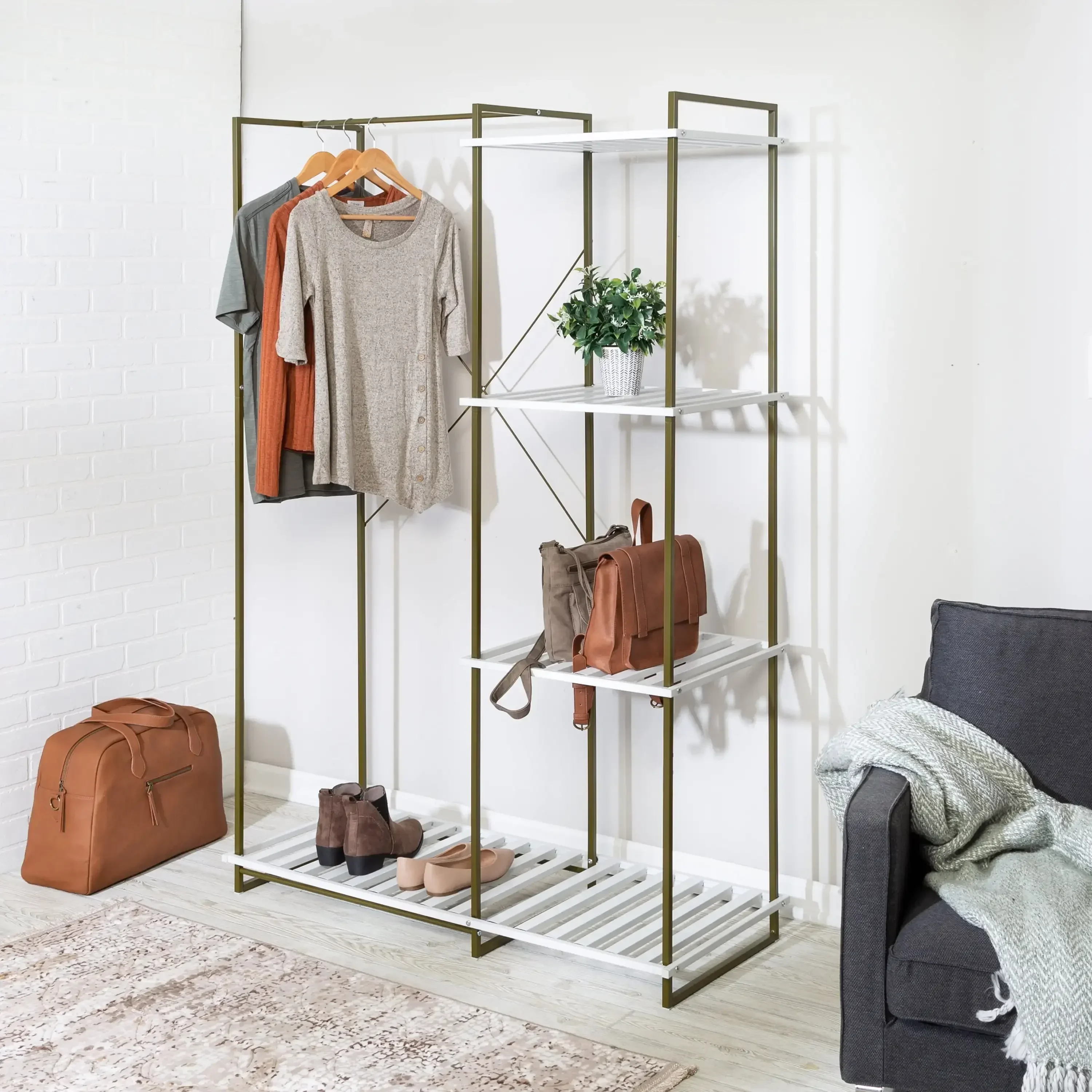 

Freestanding Open Metal Closet Wardrobe with 4 Shelves, Olive/White