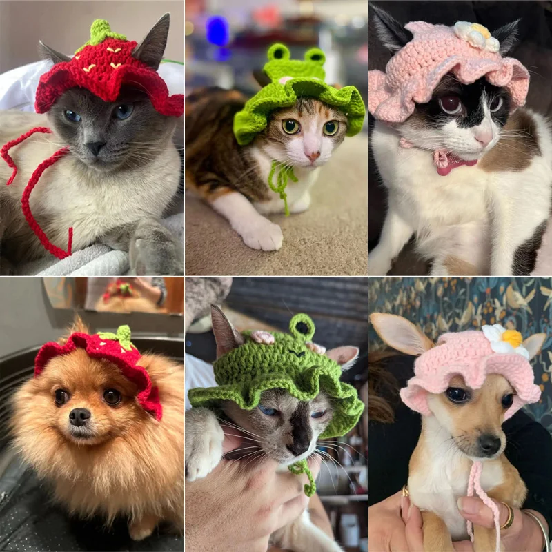 Hand-made Cat Hat Elastic Woven Cap Pet Hat Puppy Kitten Headwear Knitted Hat Party Photo Shoot Props Decoration Cat Accessories