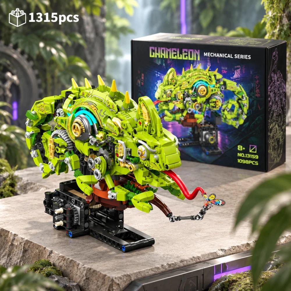 FUNXINEE Technical Chameleon Lizard Building Blocks 1315Pcs, MOC Mechanical Animal Gear Linkage Model, STEM Desktop Display Gift