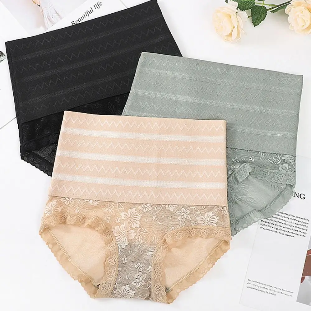 

High Waist Postpartum Body Shaper Wave Stripe Lace Flower Butt Lifter Briefs Belly Contracting Shapewear Seamless Underpants