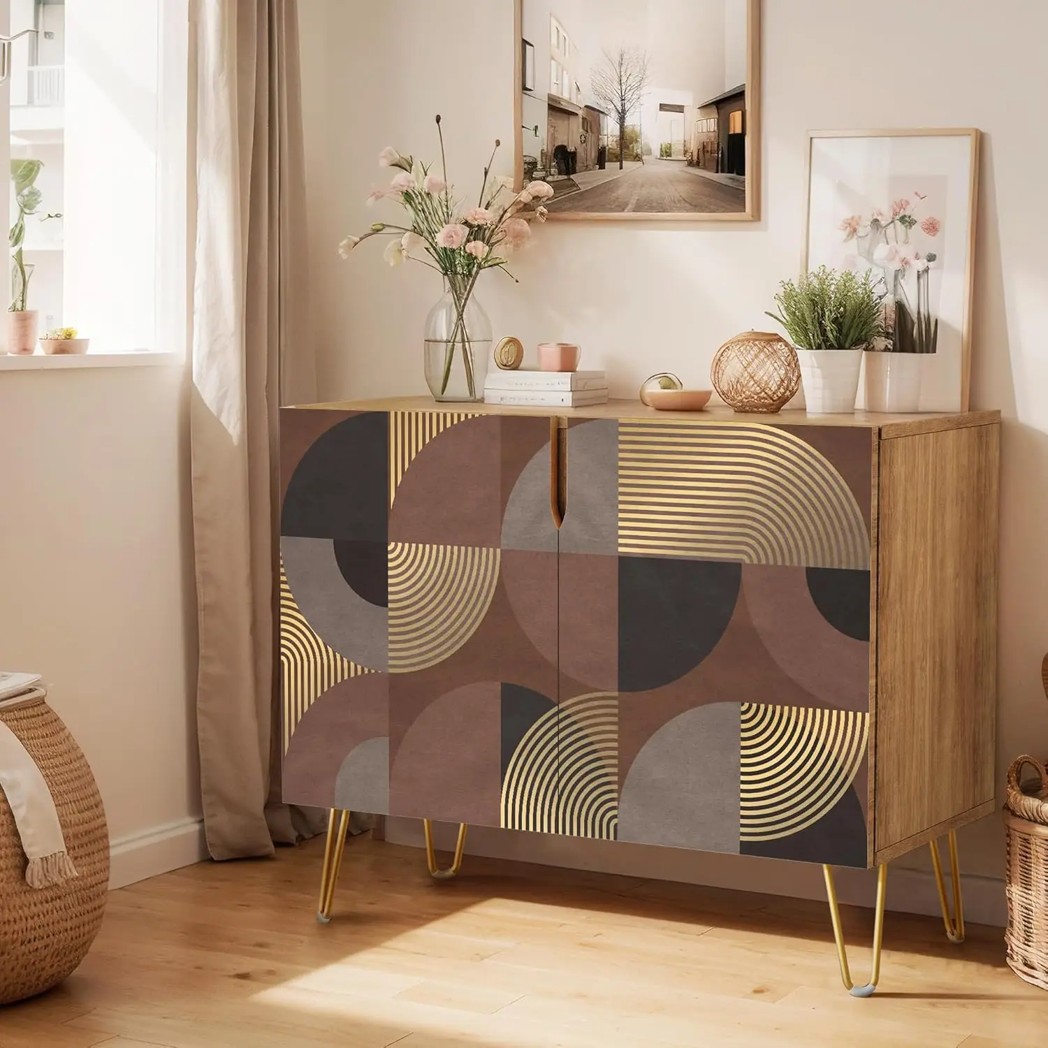 

Sideboard Buffet Cabinet Kitchen Storage Cabinet with 2 Doors Black Brown Gold Geometric Polygons Abstract Shapes