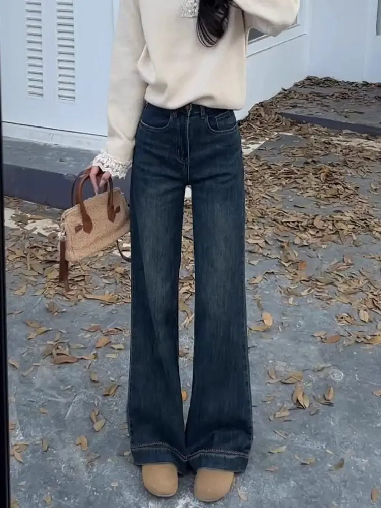 

High Waist Fce Lined Bootcut Jeans Women's Winter Slim Straight Leggings Vintage Sle Floor Length Pants
