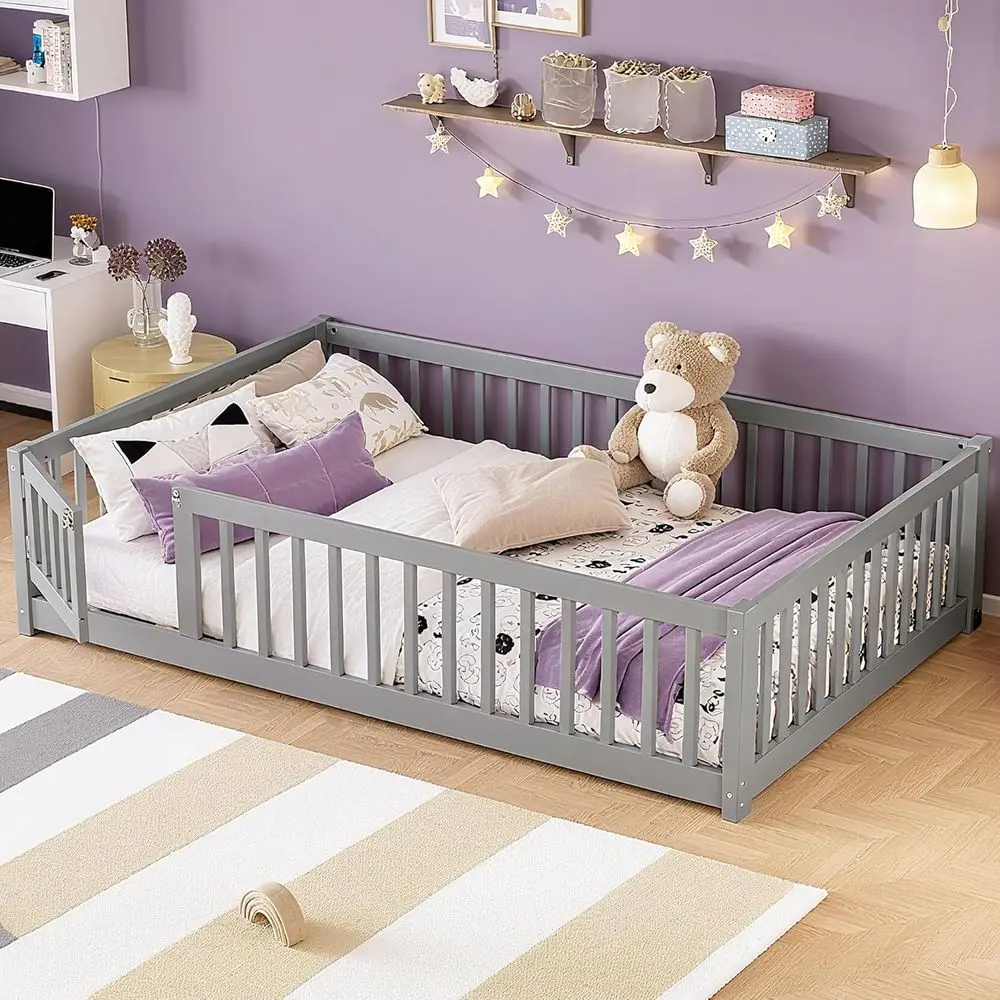 

Grey Solid Wood Kids' Bed with Rails and Door, Low Profile for Sleep and Play, Removable Slats Included
