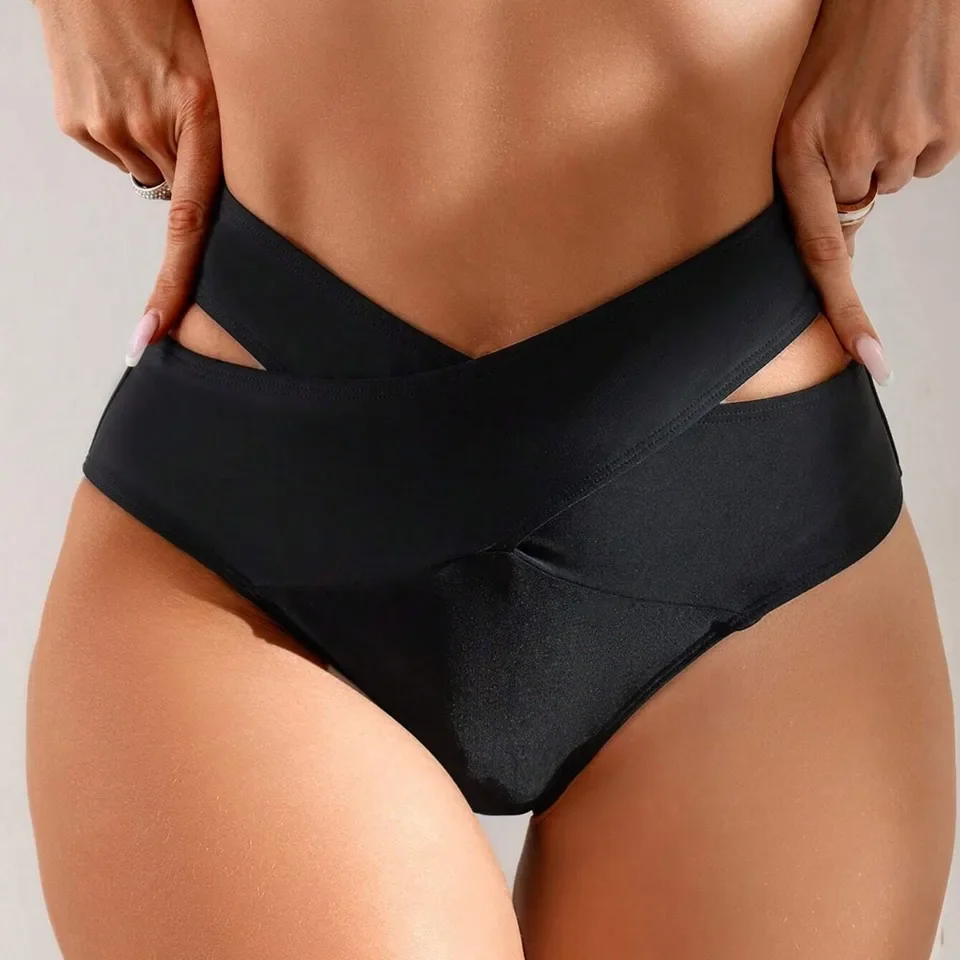 

V-Shaped High Waist Swimming Briefs Cross Straps Solid Swimming Bottom Women Side Cutout Bikini Bottom Swimwear Beach Trunks