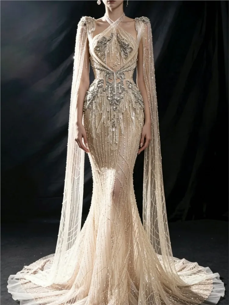 Champagne Host Toast Beaded Halter Model Show Sequin Competition Dress
