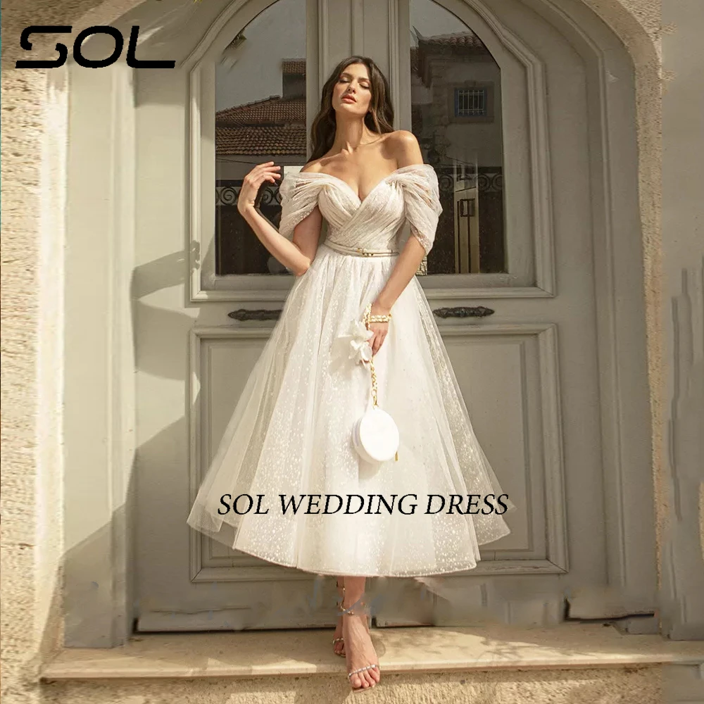 Sol Bling Glittter Off The Shoulder Boho Wedding Dresses For Women Sweetheaart Net Tulle Beach Tea Length Bridal Gowns Lace Up