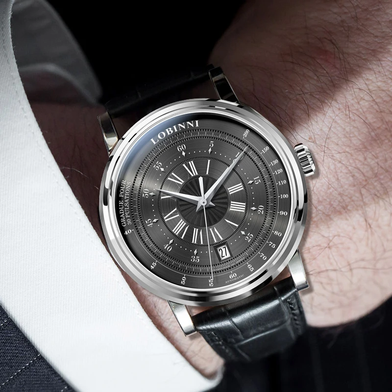 LOBINNI montre classique pour hommes avec bracelet en cuir ST1612 mouvement Date 50 m étanche 40,5 mm montres automatiques