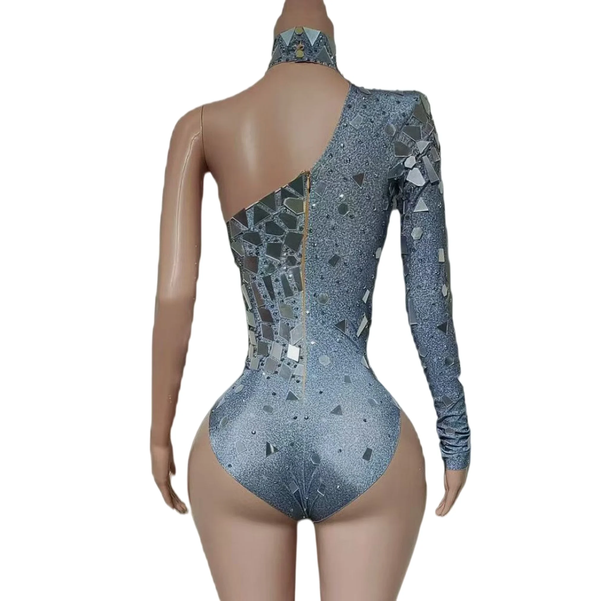 

Women Sexy Sparkly Mirrors Sequins Bodysuit High Cut Thong One Piece Long Sleeves Leotard Party Dance Performance Club Costume