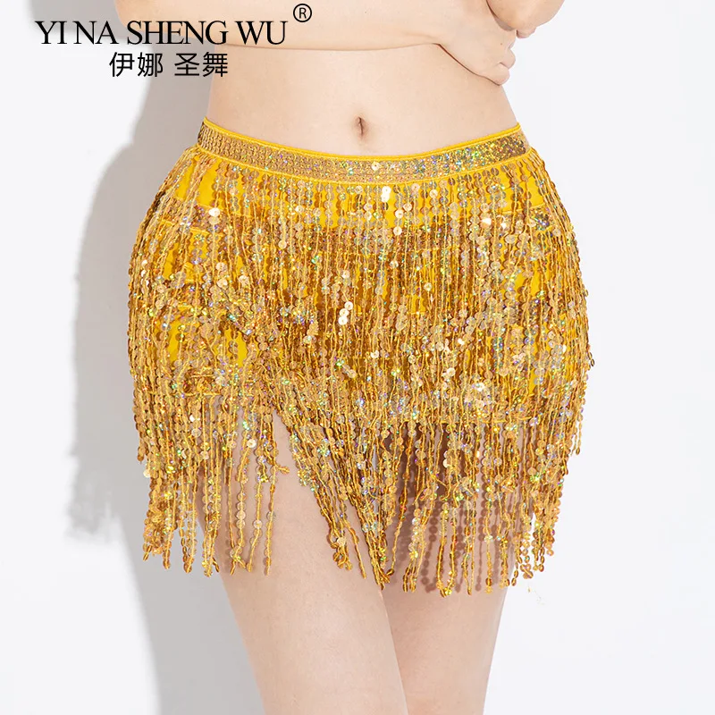 Sexy Women Belly Dance Hip Scarf 4-layer Sequin Tassel Waist Belt Dance Practice Performance Hip Waist Chain Halloween Skirt