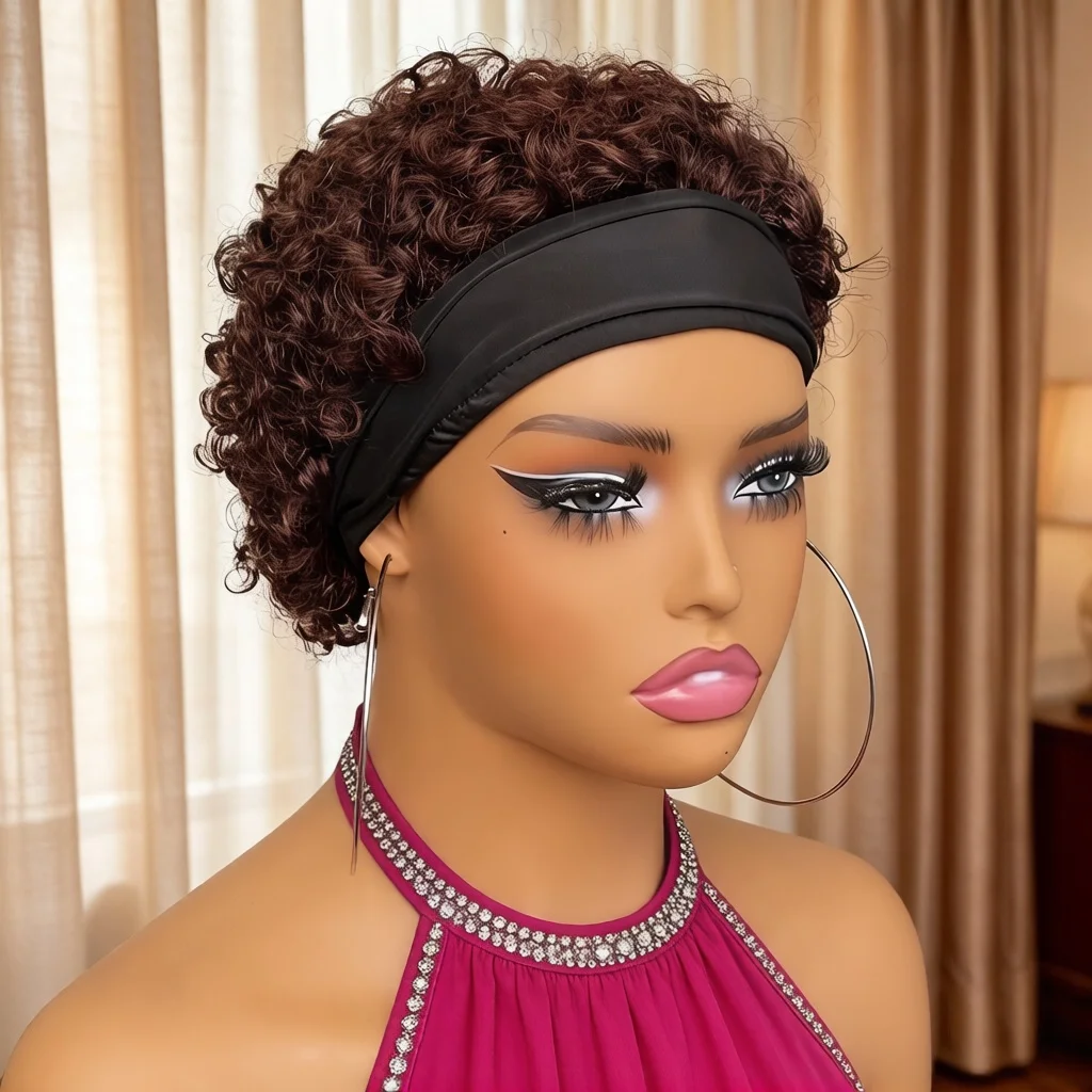 Short Curly Pixie Headband Wig Human Hair full machine made Wigs for Women Wear and Go Natural Look