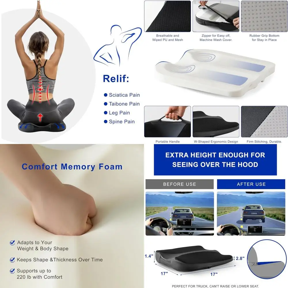 

Подушка автомобильного сиденья для вождения — сиденье из пены с эффектом памяти для взрослых для коротких водителей, облегчение боли в области хвостовой кости/нижней части спины, улучшение капельницы