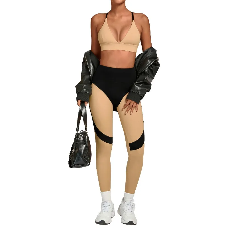 여성용 컬러 매칭 요가 세트 조절 가능한 어깨끈 브라 하이웨이스트 스포츠 레깅스 야외 러닝 헬스장 피트니스 운동 세트