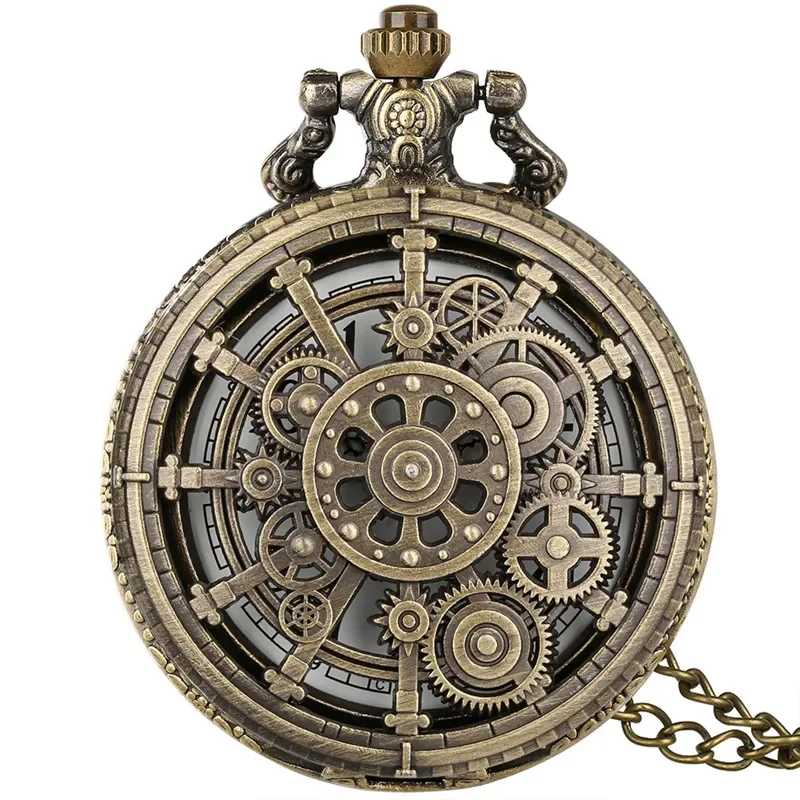 

Old Fashion Pocket Watch Hollow-Out Gear Cover Arabic Number Display Quartz Movement Watches with Sweater Necklace Chain Gift