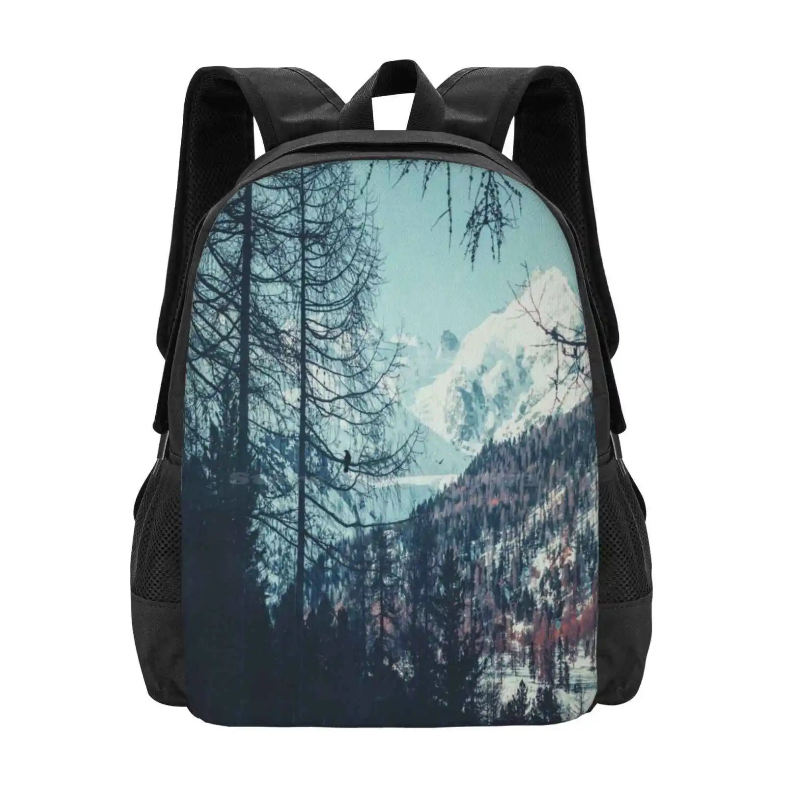 

Please Come Back Hot Sale Schoolbag Backpack Fashion Bags Mountain Forest Trees Alps Snow Mountains Tree Silhouettes Travel