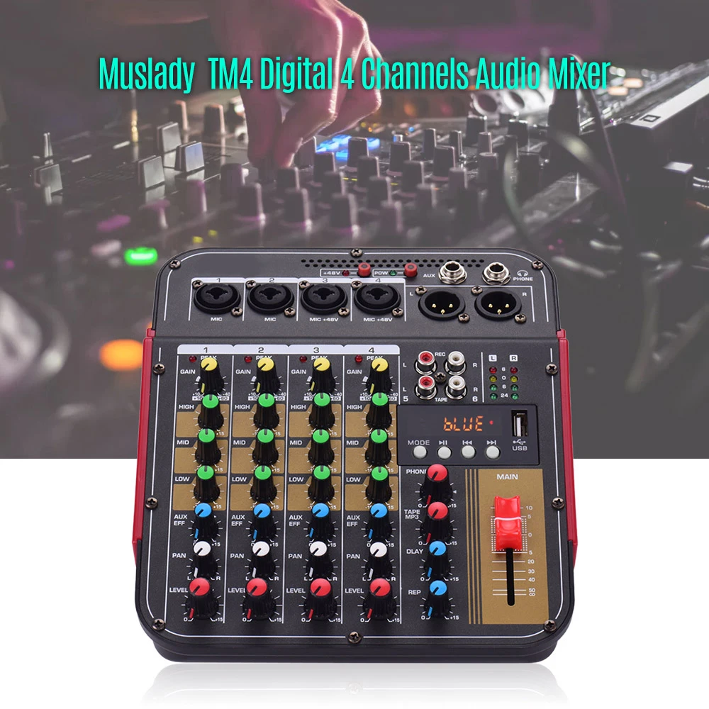 TM4 Digital 4-Channel Audio Mixer Mixing Console Built-in 48V Phantom Power with BT Function Professional Audio System for Studi