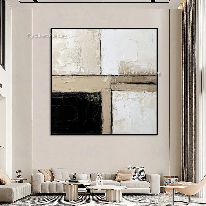 Black Beige White Minimalism Style Canvas Wall Art Decor For Room Handpainted Beige White Brown Abstract Oil Painting New Art