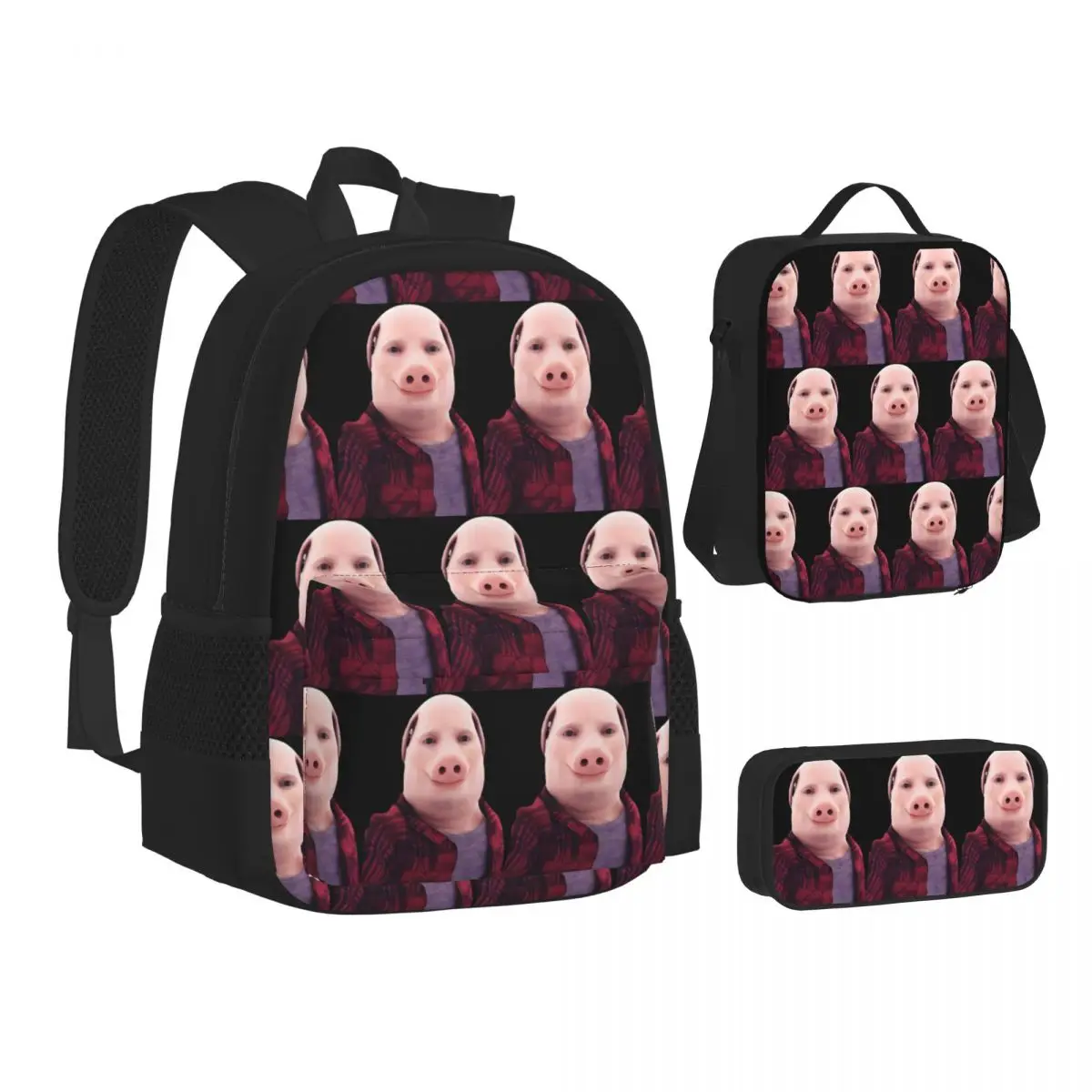 

John Pork Is Calling Backpacks Boys Girls Bookbag Children School Bags Kids Rucksack Lunch Bag Pen Bag Three-Piece Set