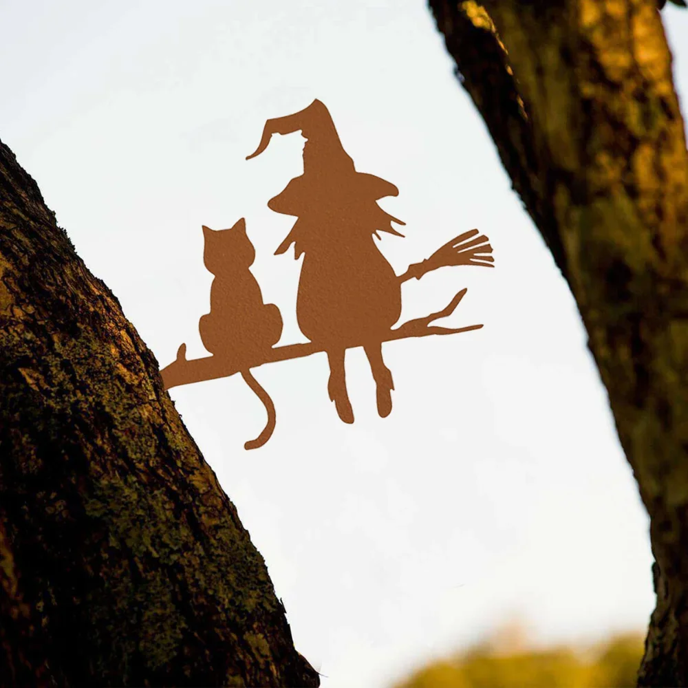 CIFBUY Metal Wall Art Witch Cat Silhouette Iron Hanging Sculpture, Durable Signage Plaque Ornament for Home Garden Patio Yard