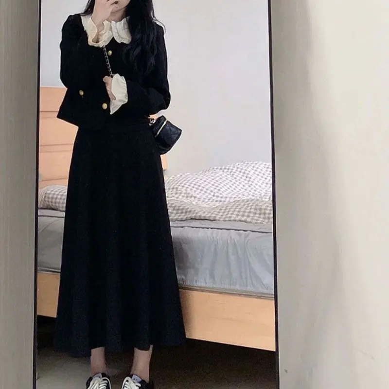 Patchwork Button Long Sleeve Outerwear Skirts Two-piece Set Elegant Fashion Harajuku Female Clothes Loose Casual All Match Skirt