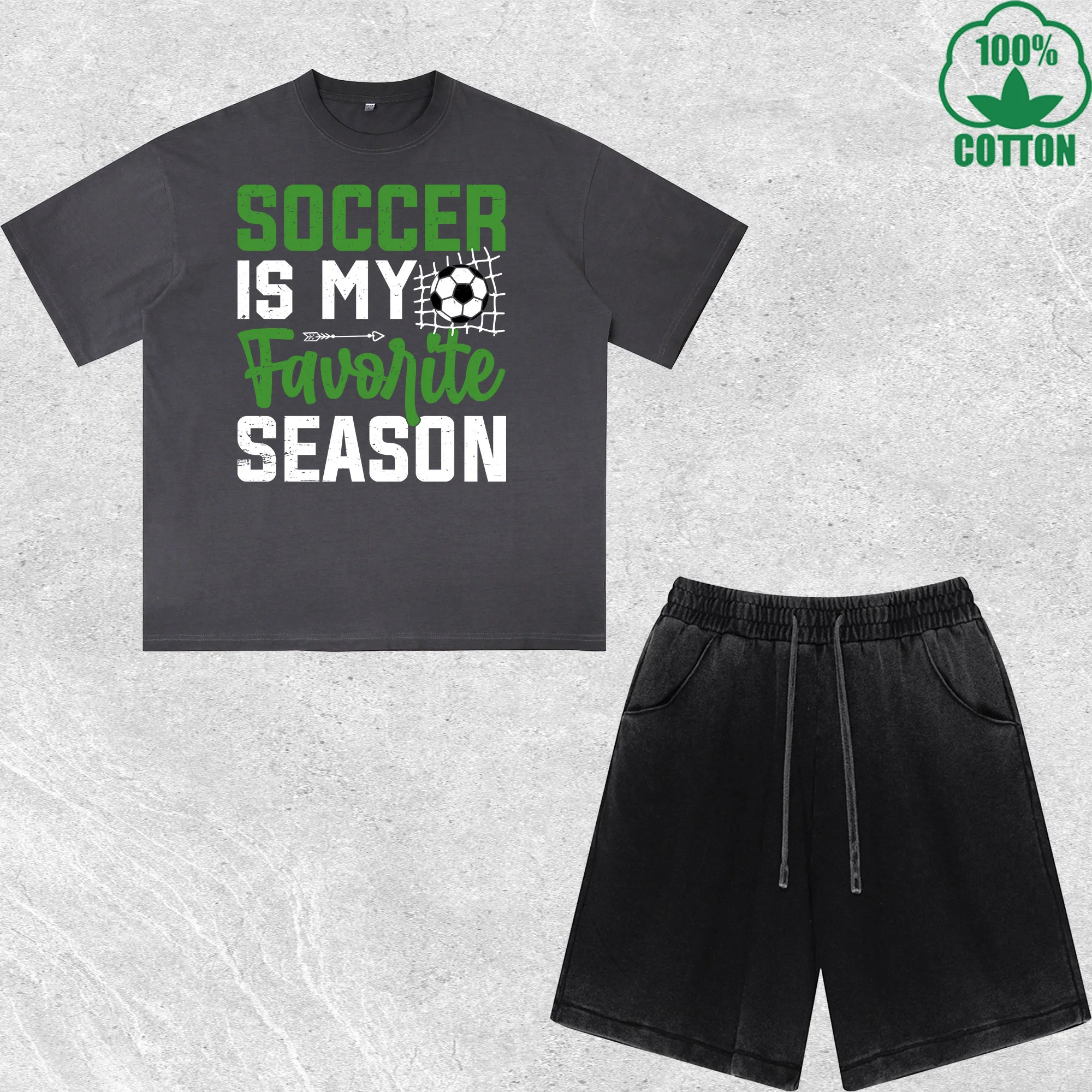 

Soccer Is My Season Printed Dirty Wash T-Shirt Shorts Set Multicolor Combo Loose Trendy Fashionable 100%Cotton Short Value Pack