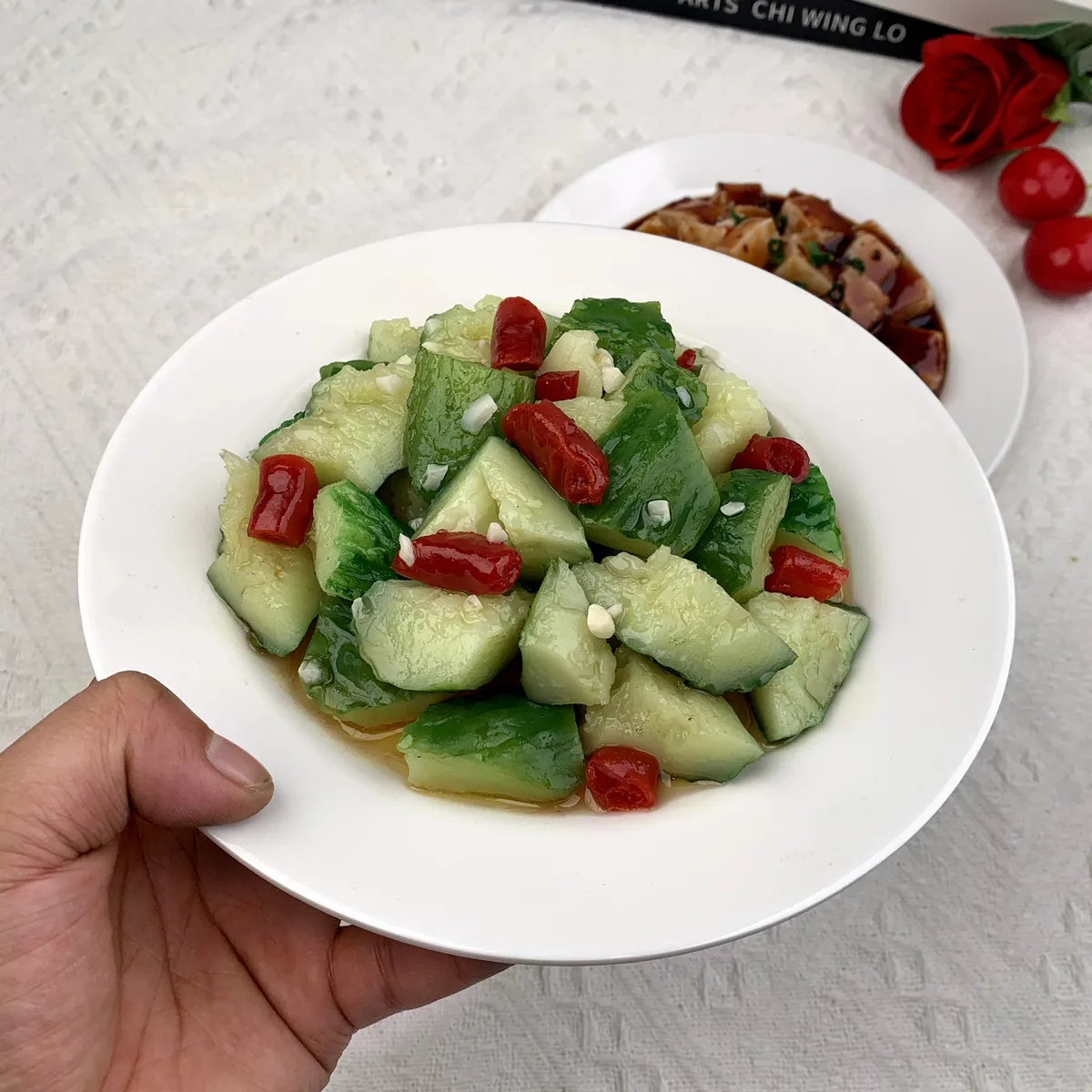 Ensalada de pepino falso realista y Tofu Mapo, vegetal - Modelo de comida china de PVC para exhibición, fotografía, decoración de ventanas de restaurante