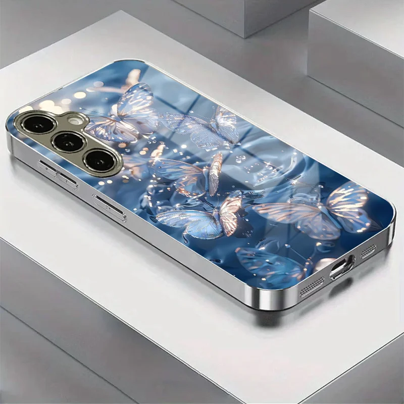 Blue butterfly floating pattern glass phone case suitable for Samsung Galaxy S26 S25 S24 S23 S22 S21 S20 FE/Ultra/Plus anti drop
