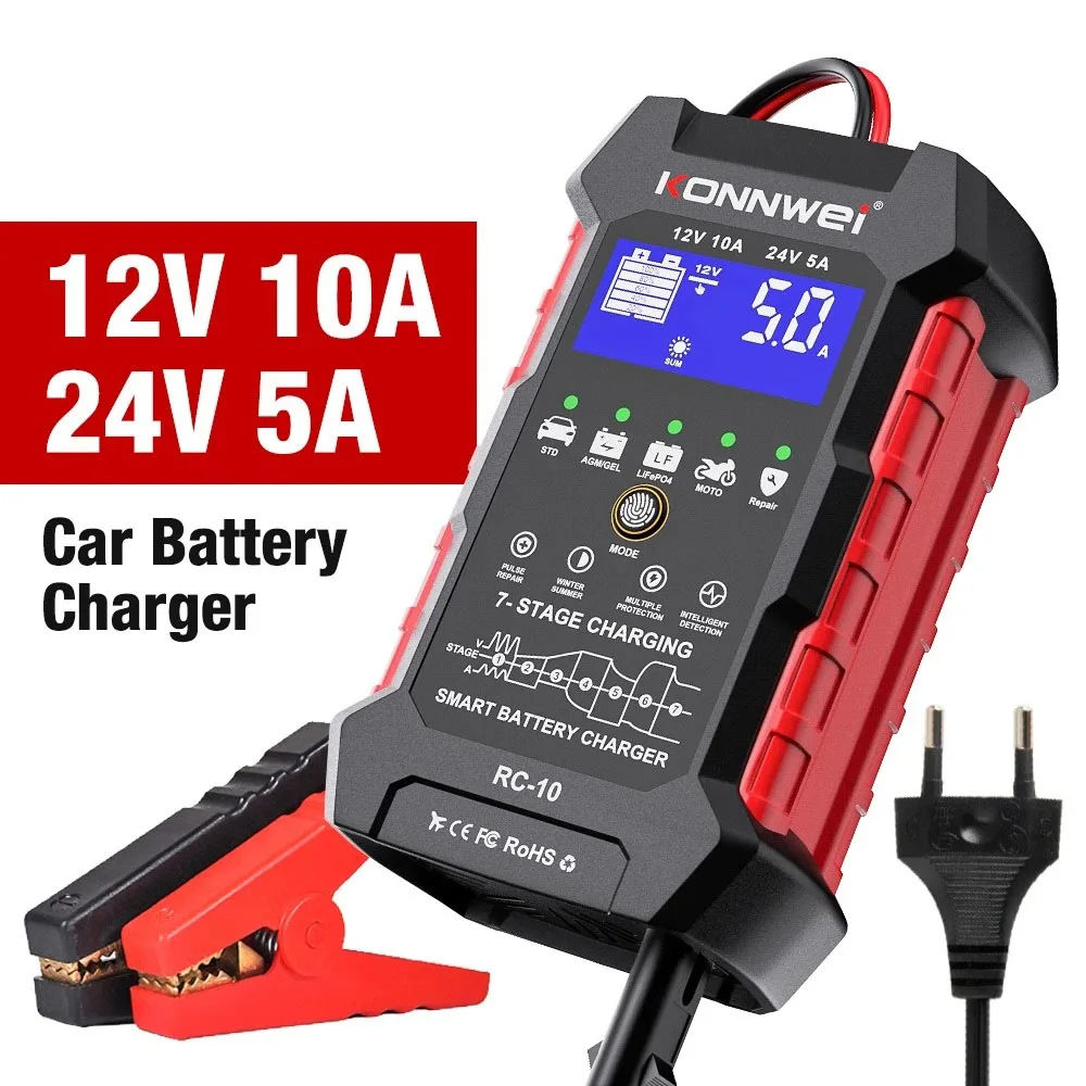 

For Konnwei RC-10 12V10A & 24V5A Battery Charger Pulse Repair Tool for Lead-acid Automotive, Marine, Deep-cycle Batteries