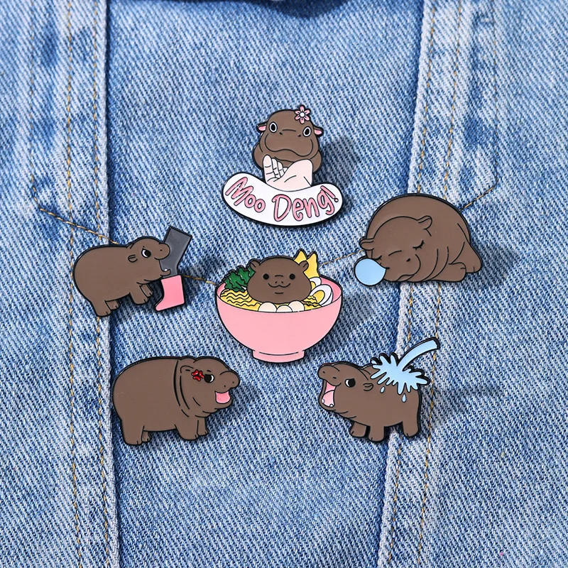 Cute Animal Thai Hippo MooDeng Brooch Cartoon Hippopotamus Lapel Badge Pin Backpack Clothing Hat Accessories